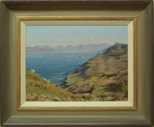 Load image into Gallery viewer, A 9 x 12 inch oil painting painted en plein air on Skye, looking over the cliffs towards the Cuillins, showing the light-coloured frame with a gold inner.
