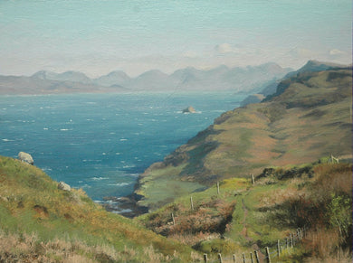 A 9 x 12 inch oil painting painted en plein air on Skye, looking over the cliffs towards the Cuillins.