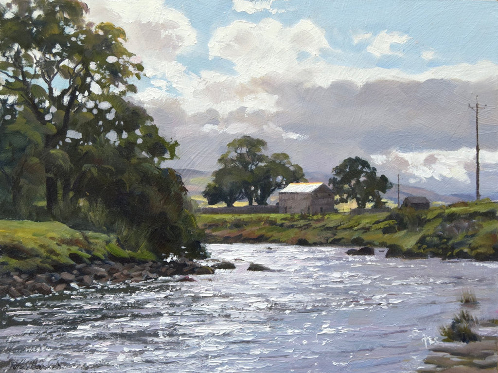 Oil painting of the River Ure in the Yorkshire Dales, pure sunlight bouncing off a barn roof, sparkle on the water, several Oaks