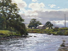 Load image into Gallery viewer, Oil painting of the River Ure in the Yorkshire Dales, pure sunlight bouncing off a barn roof, sparkle on the water, several Oaks
