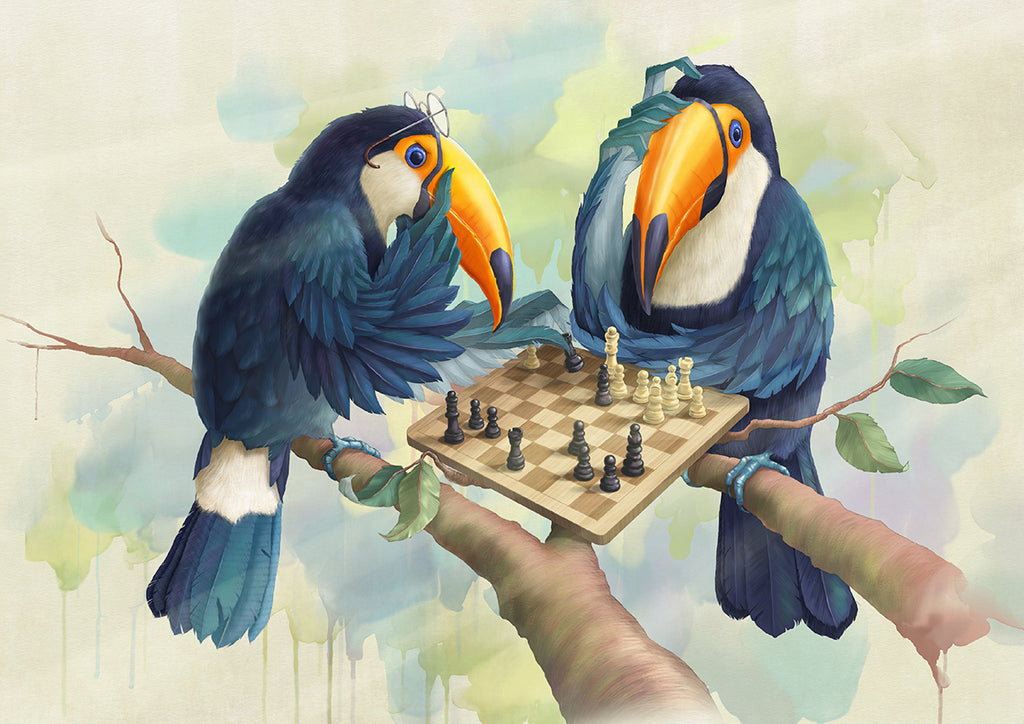 A digital Giclee print of a pair of Toucans perched on branches of a tree, playing chess, moving the pieces with their wing-tips as if human hands