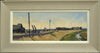 Letterbox-shaped oil painting with yellow sunset sky, in beige/grey frame with off-white inner slip