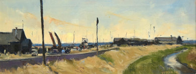 Letterbox-shaped oil painting, yellow sunset sky, fishing huts and posts and a few figures with a creek on the right