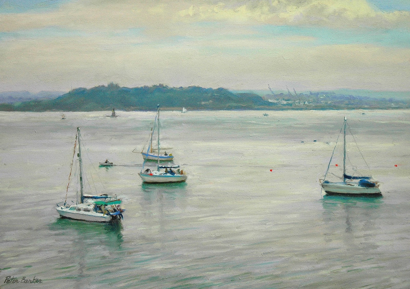 Pastel painting of three boats moored in the bay on a calm sea, looking towards Falmouth docks, framed in a grey moulding