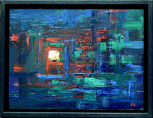 Load image into Gallery viewer, Dark, abstract oil painting, with strokes of mostly dark blue and green, with a few red brushtrokes dragged across trhe centre, with a single rectangular slab of white and a touch of yellow oil paint, placed with a palette knife.Dark, abstract oil painting, with strokes of mostly dark blue and green, with a few red brushtrokes dragged across trhe centre, with a single rectangular slab of white and a touch of yellow oil paint, placed with a palette knife. showing the navy-coloured floating box frame.
