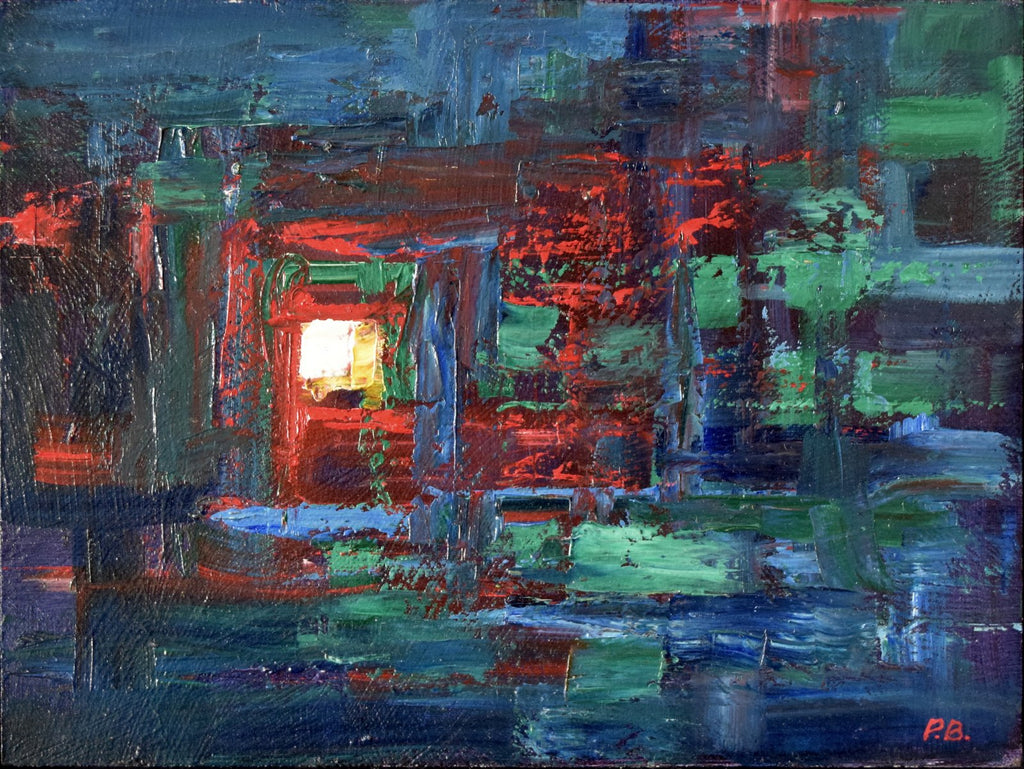 Dark, abstract oil painting, with strokes of mostly dark blue and green, with a few red brushtrokes dragged across trhe centre, with a single rectangular slab of white and a touch of yellow oil paint, placed with a palette knife.