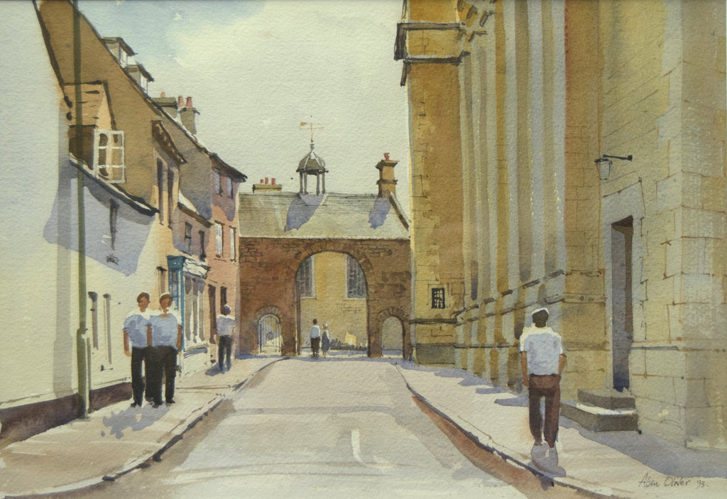 Watercolour of the entrance gates to Uppingham School, with a few pupils walking on the pavements and under the archway, with honey-coloured stone of the towering facade on the right.