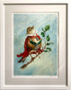Digitally painting depicting a Warbler singing, within the frame with an off-white mount and a white frame moulding