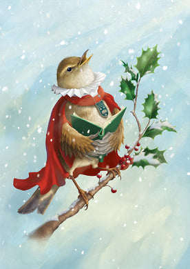 Digitally painting depicting a Warbler singing, holding a hymn book between its wings dressed in a red cloak and white ruff, perched on a Holly branch