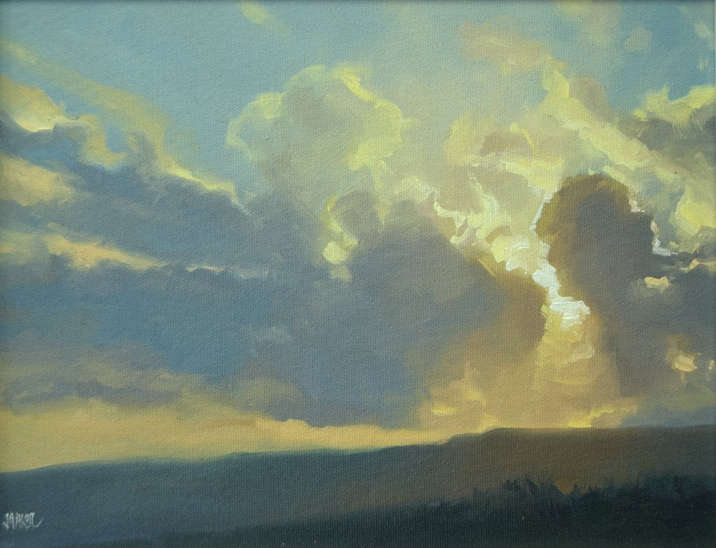 Watching Owls at Sunset, Ribble Valley oil painting by Jenny Aitken