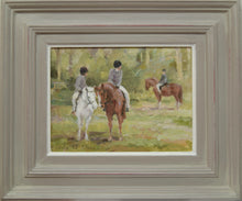 Load image into Gallery viewer, Oil painting by Leslie Stones of three children on horseback framed
