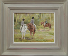 Load image into Gallery viewer, Oil painting by Leslie Stones of three children on horseback framed
