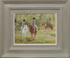 Oil painting by Leslie Stones of three children on horseback framed