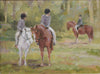 Oil painting by Leslie Stones of three horses and riders