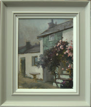 Load image into Gallery viewer, Lovely oil painting of an old, small cottage in Hawkshead in the Lake Dstrict, painted en plein air in pouring rain, giving a very muted, beautifully soft feel to the painting. Finished with a neutral, grey frame.
