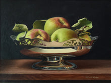 Load image into Gallery viewer, 12 x 16 inch Oil on Linen Canvas, of a silver bowl of windfall apples. Classically painted, very realistic, with a very dark background.
