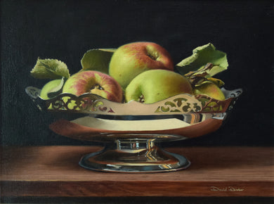 12 x 16 inch Oil on Linen Canvas, of a silver bowl of windfall apples. Classically painted, very realistic, with a very dark background.