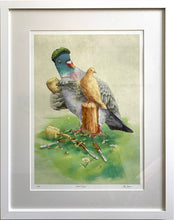 Load image into Gallery viewer, Wood Pigeon carving another Pigeon, showing white frame with off-white mount.
