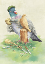 Load image into Gallery viewer, A digital painting of a Wood Pigeon wearing a cloth cap, carving a model of another Wood Pigeon with a mallet and chisel
