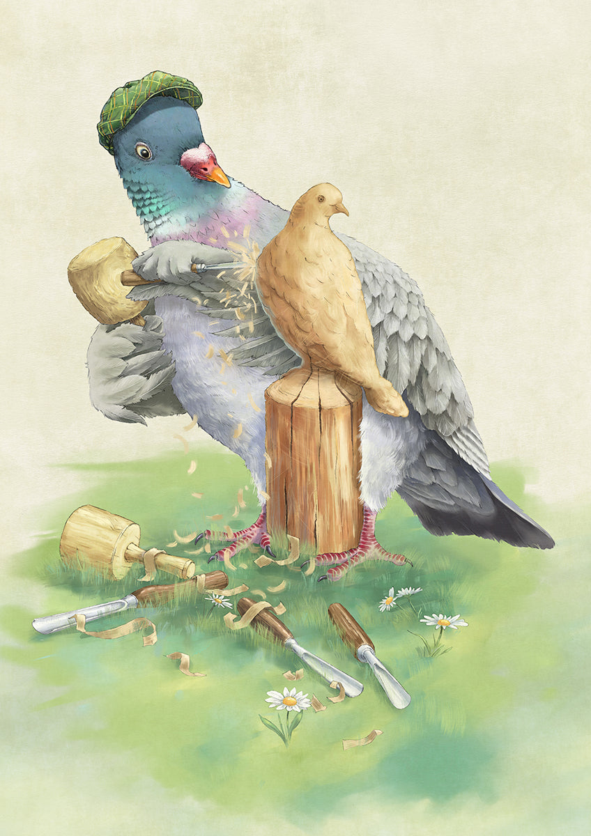 A digital painting of a Wood Pigeon wearing a cloth cap, carving a model of another Wood Pigeon with a mallet and chisel