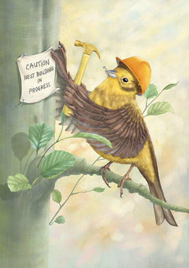 Digital painting depicting a Yellowhammer wearing a hard-hat, erecting a sign which says 'caution nest building in progress' using a yellow hammer 