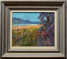 Load image into Gallery viewer, An impressionistic oil painting of Rutland Water, with rich blues, reds, yellows and greens, with a brown, distressed frameby Alan Oliver

