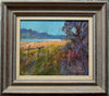 An impressionistic oil painting of Rutland Water, with rich blues, reds, yellows and greens, with a brown, distressed frameby Alan Oliver