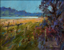 Load image into Gallery viewer, impressionistic oil painting of Rutland Water, with blues, reds, yellows and greens, by Alan Oliver
