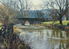 Winter landscape of a sparkly River Welland at Duddington looking into strong sunlight, by Peter Barker RSMA