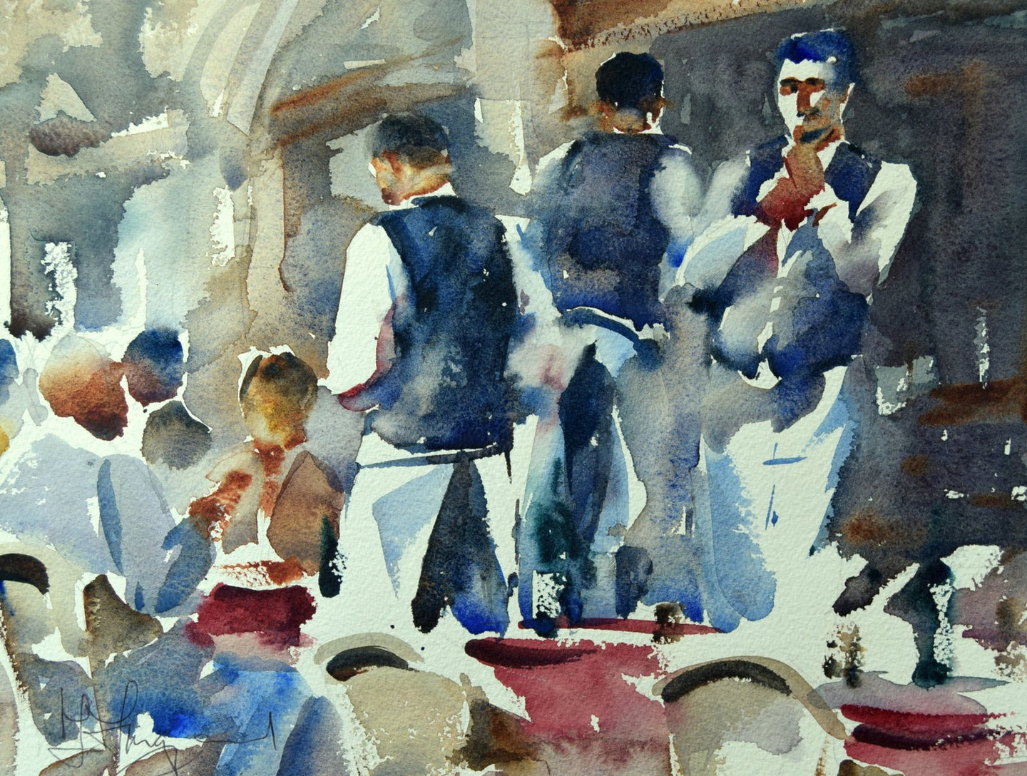 A painting of a bustling cafe scene in watercolour by Trevor Lingard