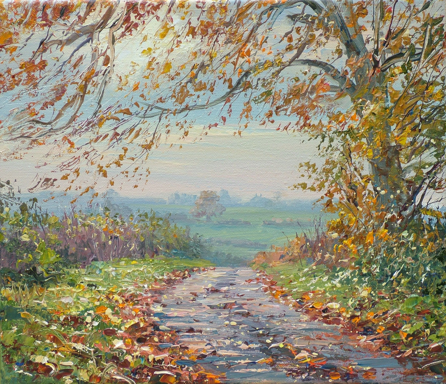 Leafy Derbyshire country lane painting in acrylic by Mark Preston