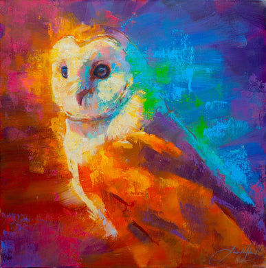 Oil painting of an Owl against a backdrop of vivid blue and orange by Jamel Akib