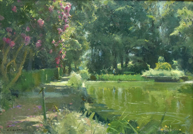 A dappled path by the pond at Wortley Hall in Yorkshire, with green water, painted in Spring by David Curtis