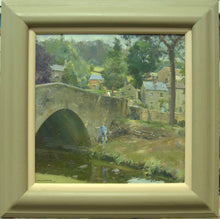 Load image into Gallery viewer, Oil painting of Low Bradfield village in Yorkshire, with a boy by the river bridge and stone cottages, by David Curtis, framed
