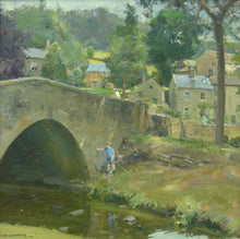 Load image into Gallery viewer, Oil painting of Low Bradfield village in Yorkshire, with a boy by the old river bridge, and stone cottages, by David Curtis
