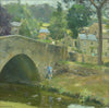 Oil painting of Low Bradfield village in Yorkshire, with a boy by the old river bridge, and stone cottages, by David Curtis